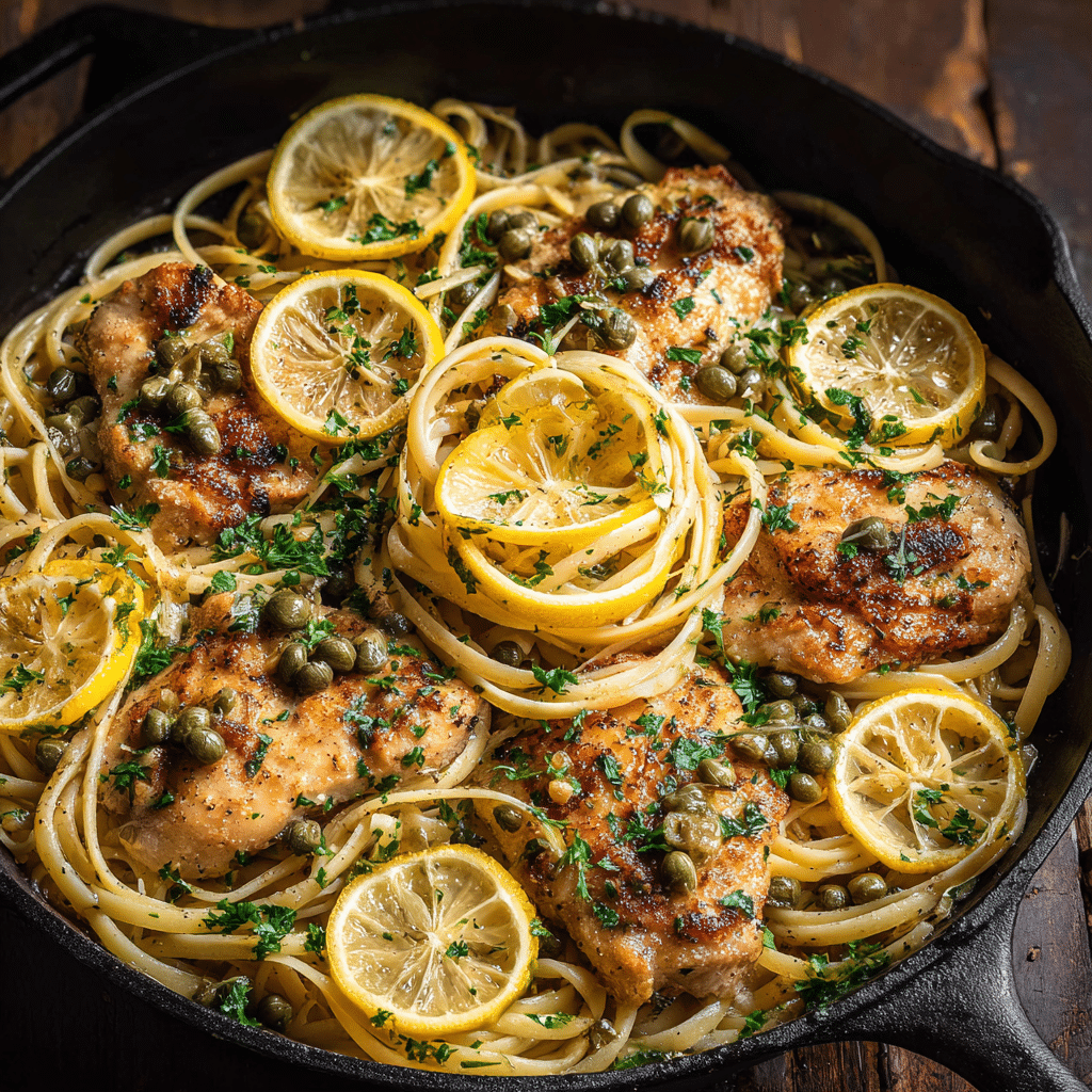 One Pot Chicken Piccata Pasta Recipe for a Zesty Weeknight Favorite 7 One pot chicken piccata pasta served in a black skillet