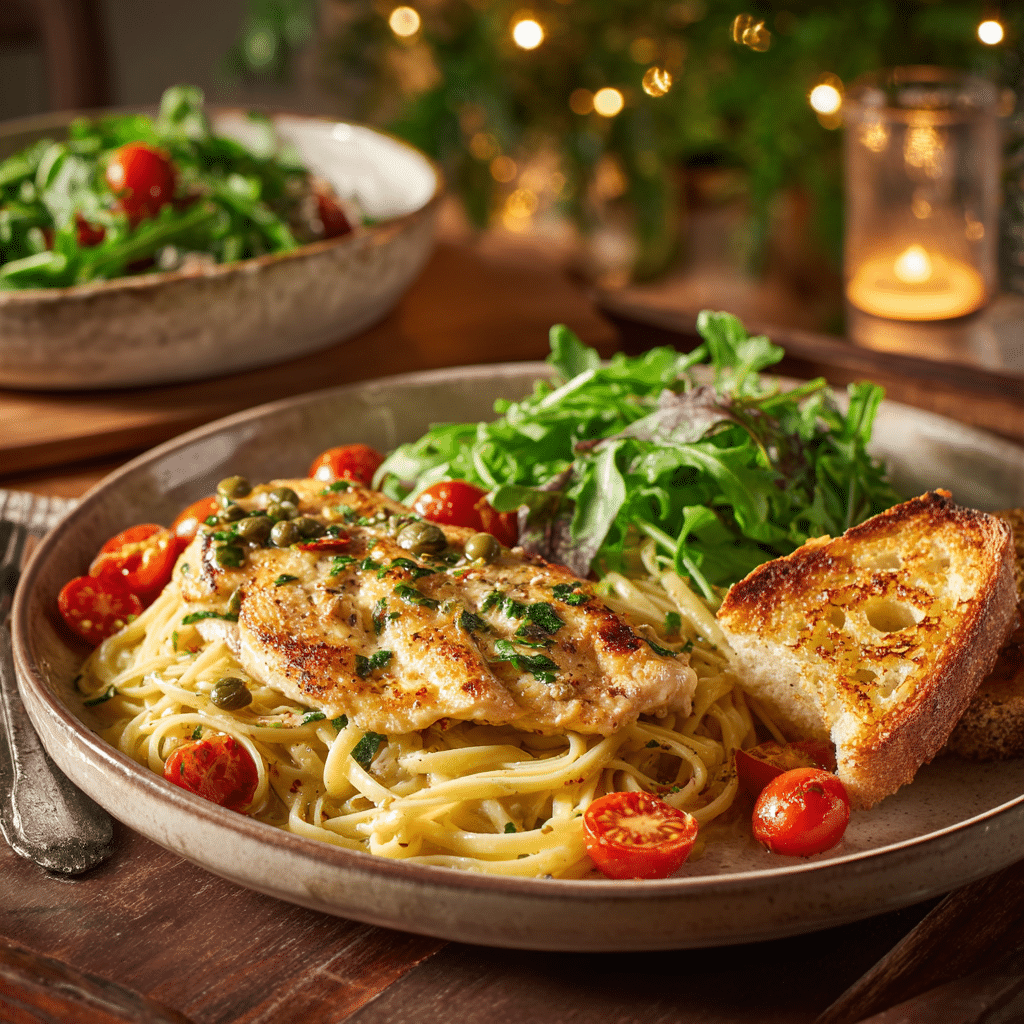 One Pot Chicken Piccata Pasta Recipe for a Zesty Weeknight Favorite 8 Chicken piccata pasta served with salad and garlic bread