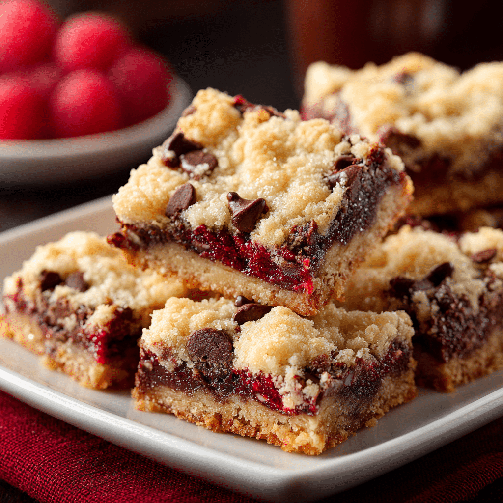 Chocolate Raspberry Bars – The Best Gooey Treat You’ll Ever Bake 8 Chocolate raspberry bar served on white plate with fresh raspberries