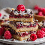 Chocolate Raspberry Bars – The Best Gooey Treat You’ll Ever Bake 5 Chocolate raspberry bars on wooden board