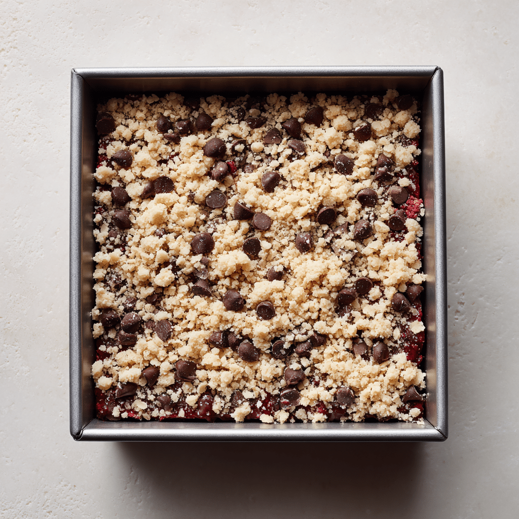 Chocolate Raspberry Bars – The Best Gooey Treat You’ll Ever Bake 7 Chocolate raspberry bars topped with crumble before baking