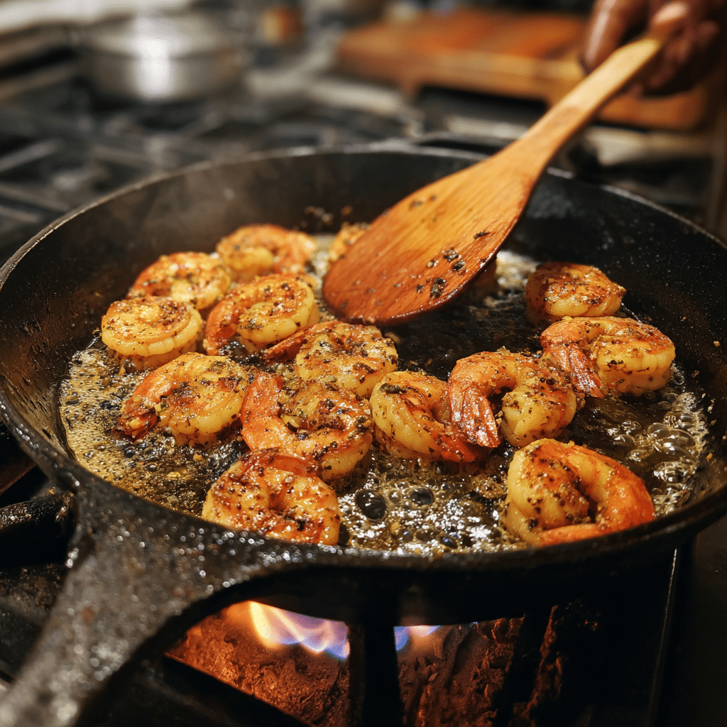 Cooking One-Pan Chimichurri Shrimp in skillet