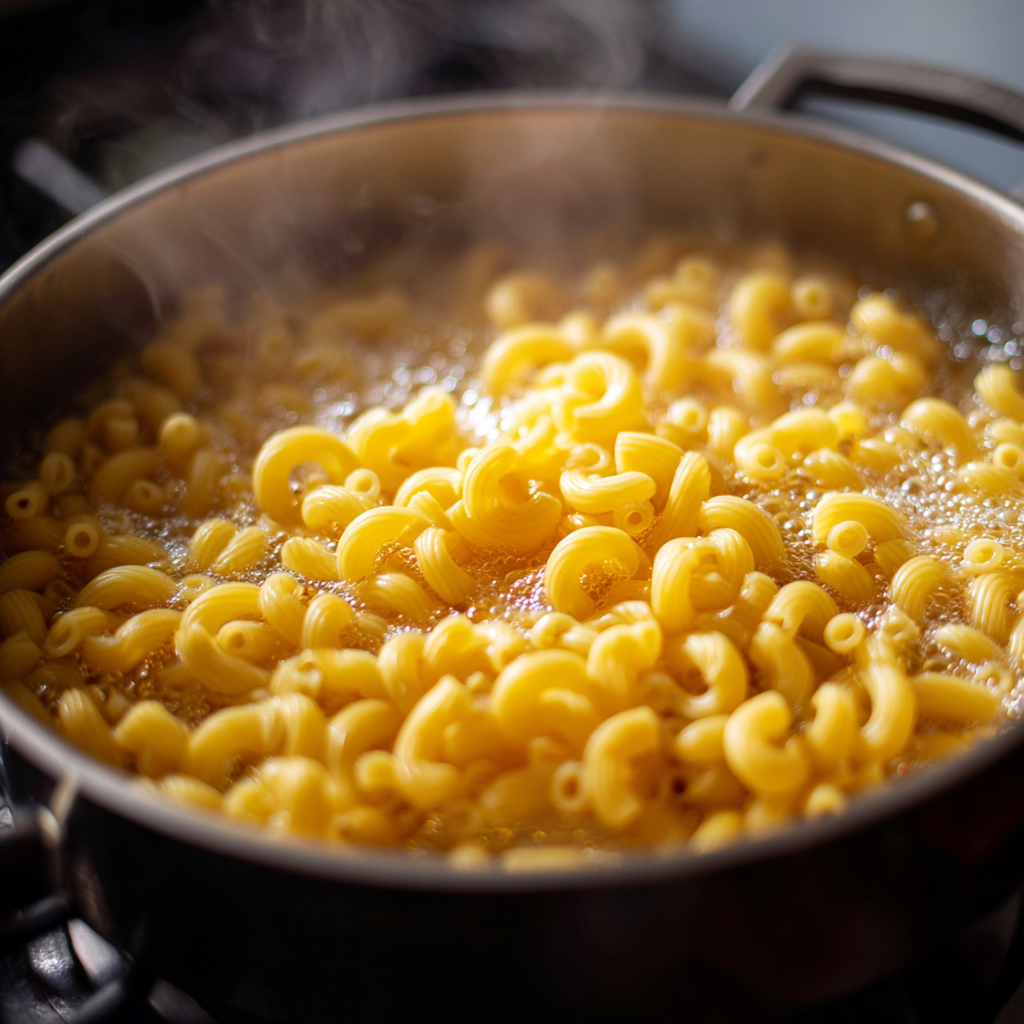 Elbow pasta boiling in a pot for RoTel Pasta Fiesta