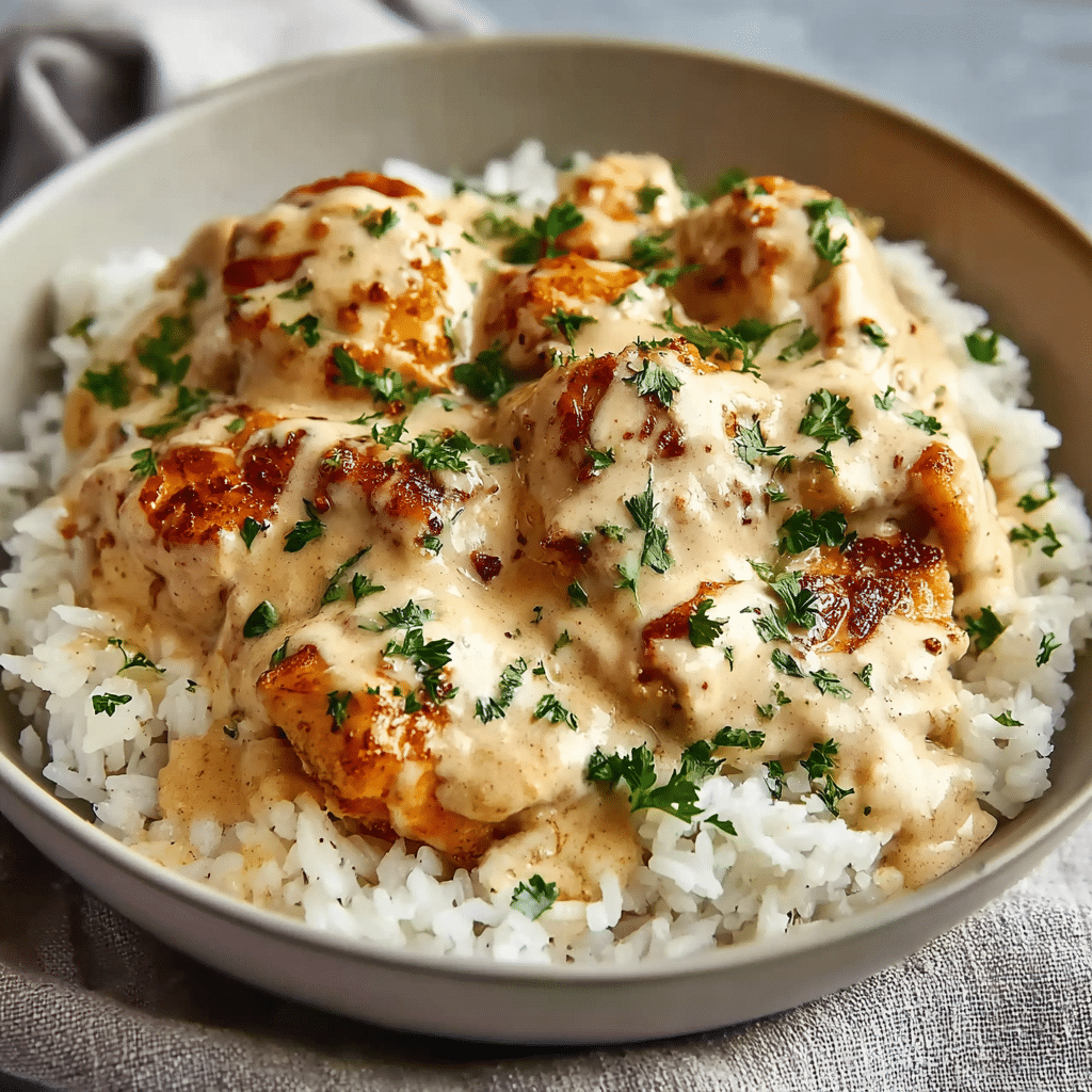 Creamy Smothered Chicken and Rice: A Creamy Southern Classic for Every Table 7 Plated creamy smothered chicken and rice
