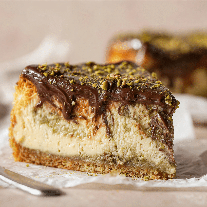 Dubai Chocolate Cheesecake – A Rich, Creamy Dessert with Middle Eastern Flair 6 Slice of Dubai chocolate cheesecake with pistachio glaze and kataifi crust