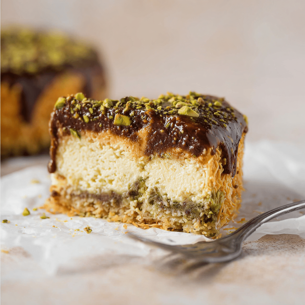 Dubai Chocolate Cheesecake – A Rich, Creamy Dessert with Middle Eastern Flair 8 Dubai chocolate cheesecake with kataifi crust and pistachio ganache