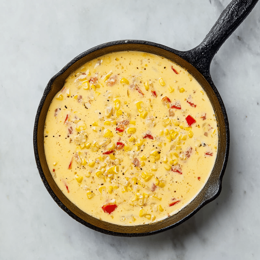The Best Skillet Corn Casserole Recipe You’ll Ever Make 8 pouring egg mixture into skillet corn casserole with red peppers and cheese