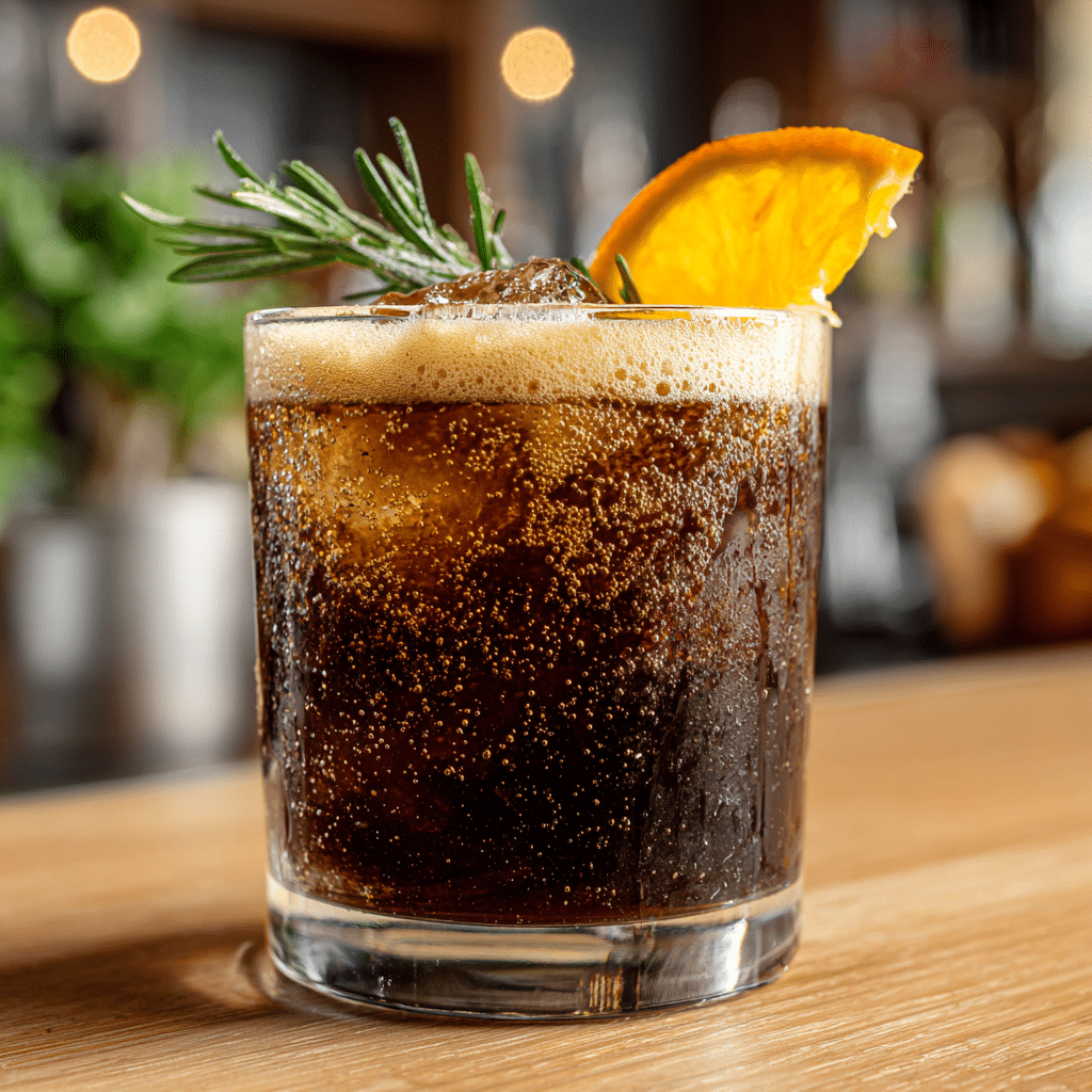 Espresso Soda – The Bold, Bubbly Coffee Trend You Need to Try 6 Angled close-up of espresso soda with rosemary and orange garnish