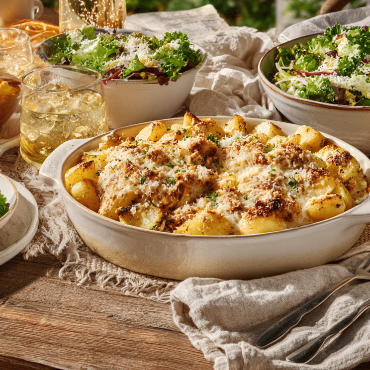 Garlic Parmesan Chicken and Potatoes: The Ultimate One-Pan Comfort Dinner 8 Garlic Parmesan Chicken and Potatoes served with salad and drinks