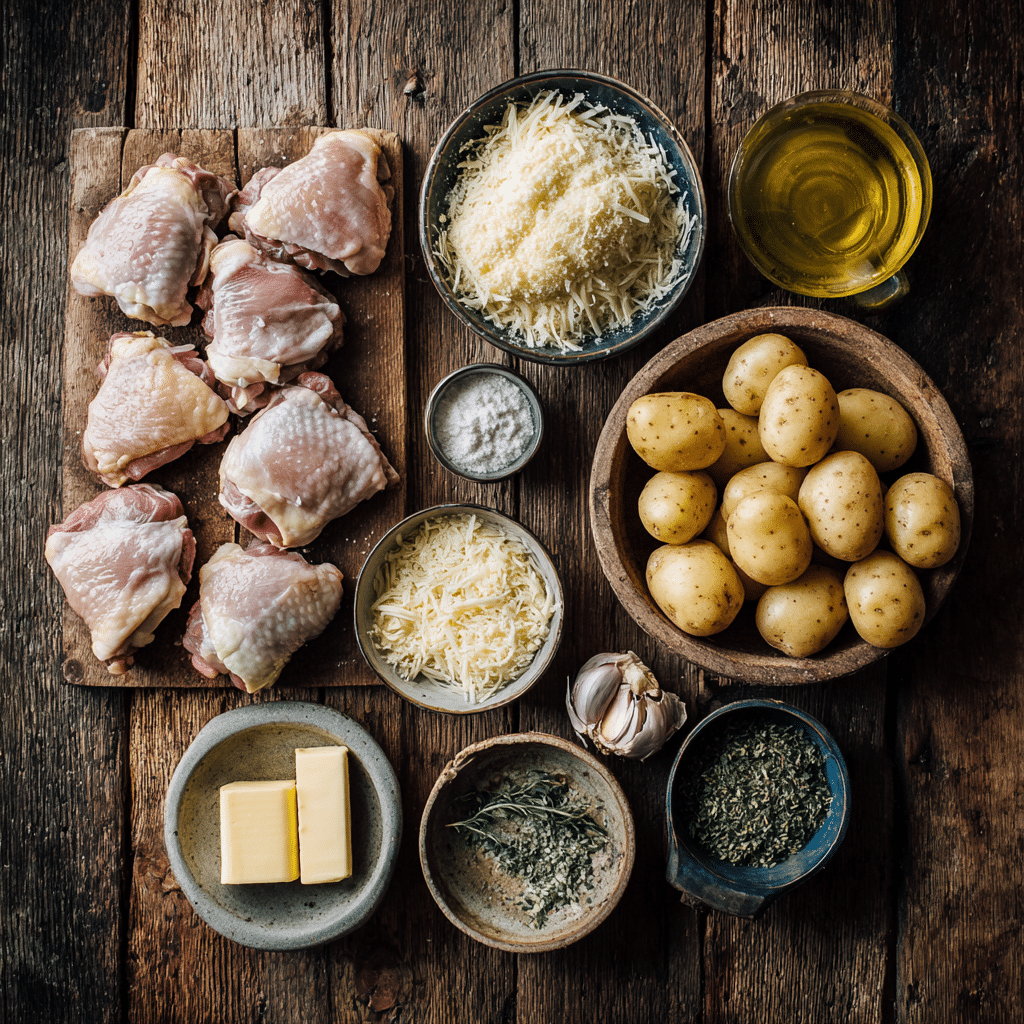 Garlic Parmesan Chicken and Potatoes: The Ultimate One-Pan Comfort Dinner 5 Ingredients for garlic parmesan chicken and potatoes on countertop