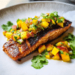 Grilled Salmon With Peach Salsa Recipe That Everyone Will Love 6 Grilled Salmon With Peach Salsa on white plate