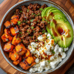 Ground Beef Hot Honey Bowl Recipe Everyone’s Craving Right Now 5 Ground beef hot honey bowl with roasted sweet potatoes and avocado