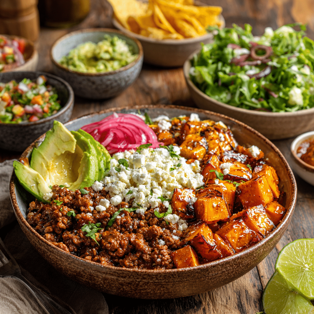 Ground Beef Hot Honey Bowl Recipe Everyone’s Craving Right Now 8 Ground beef hot honey bowl with avocado and sweet potato served with side salad, salsa, and tortilla chips