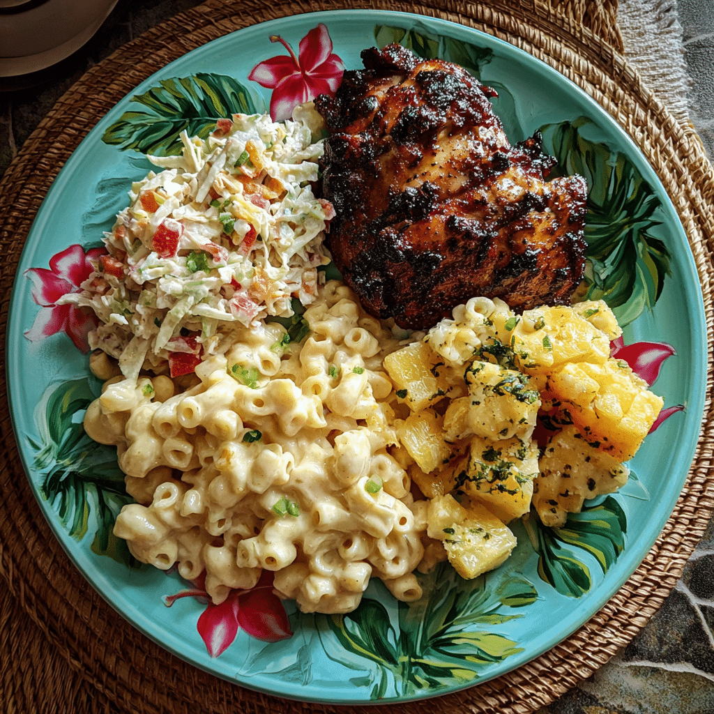 Hawaiian Macaroni Salad Recipe: The Creamiest Island-Style Side Dish 8 Hawaiian plate with mac salad and grilled chicken