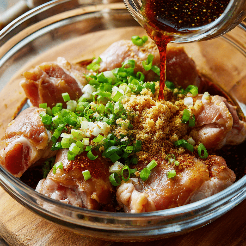 Hawaiian Shoyu Chicken Recipe – Easy Island Flavor You’ll Love 7 Chicken thighs marinating in soy sauce, garlic, ginger, and green onions for Hawaiian Shoyu Chicken