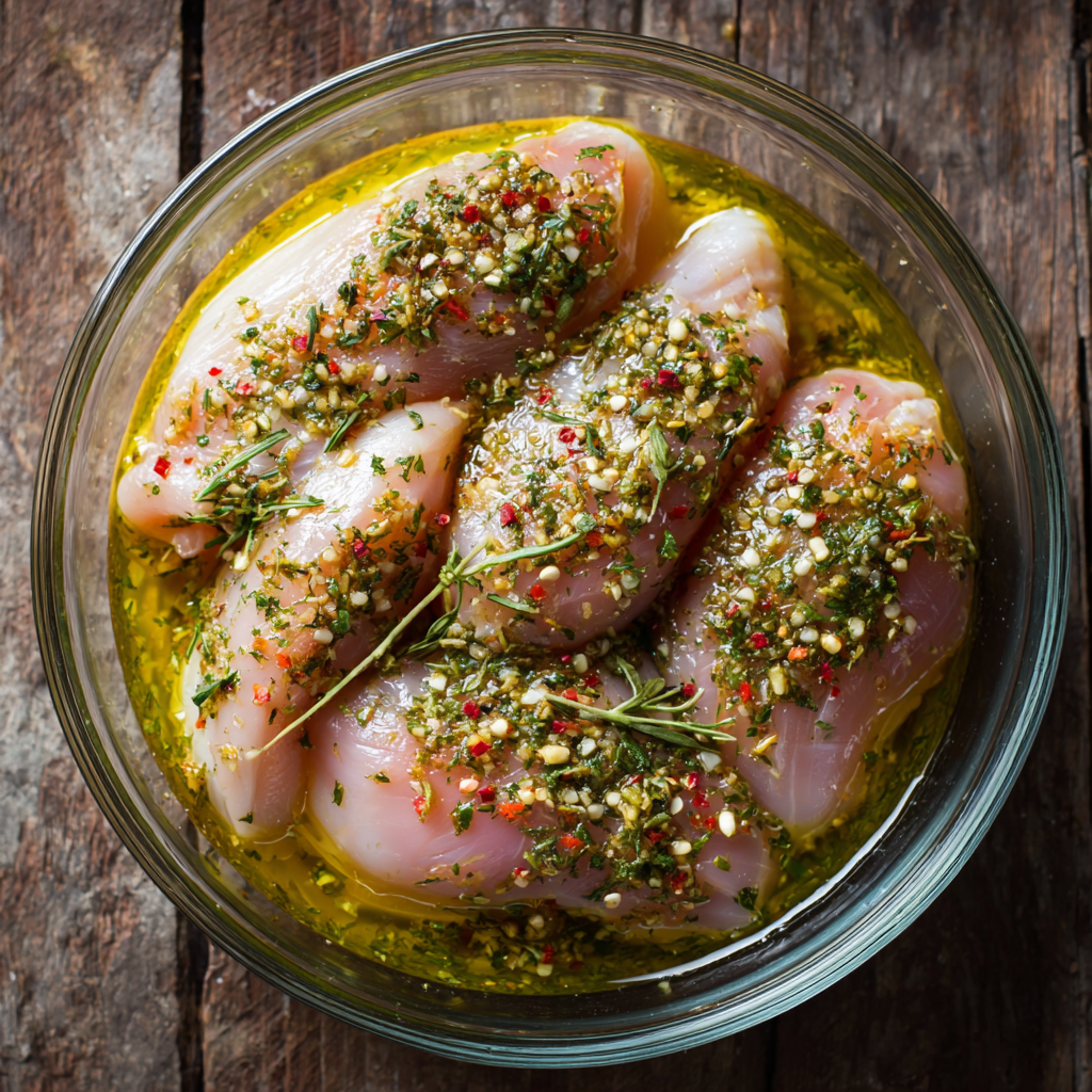 Raw chicken marinating in olive oil, lemon, garlic, and herbs in a glass bowl