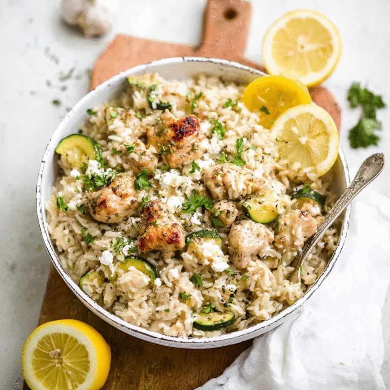 Instant Pot Greek Chicken and Rice in a white bowl with feta and parsley