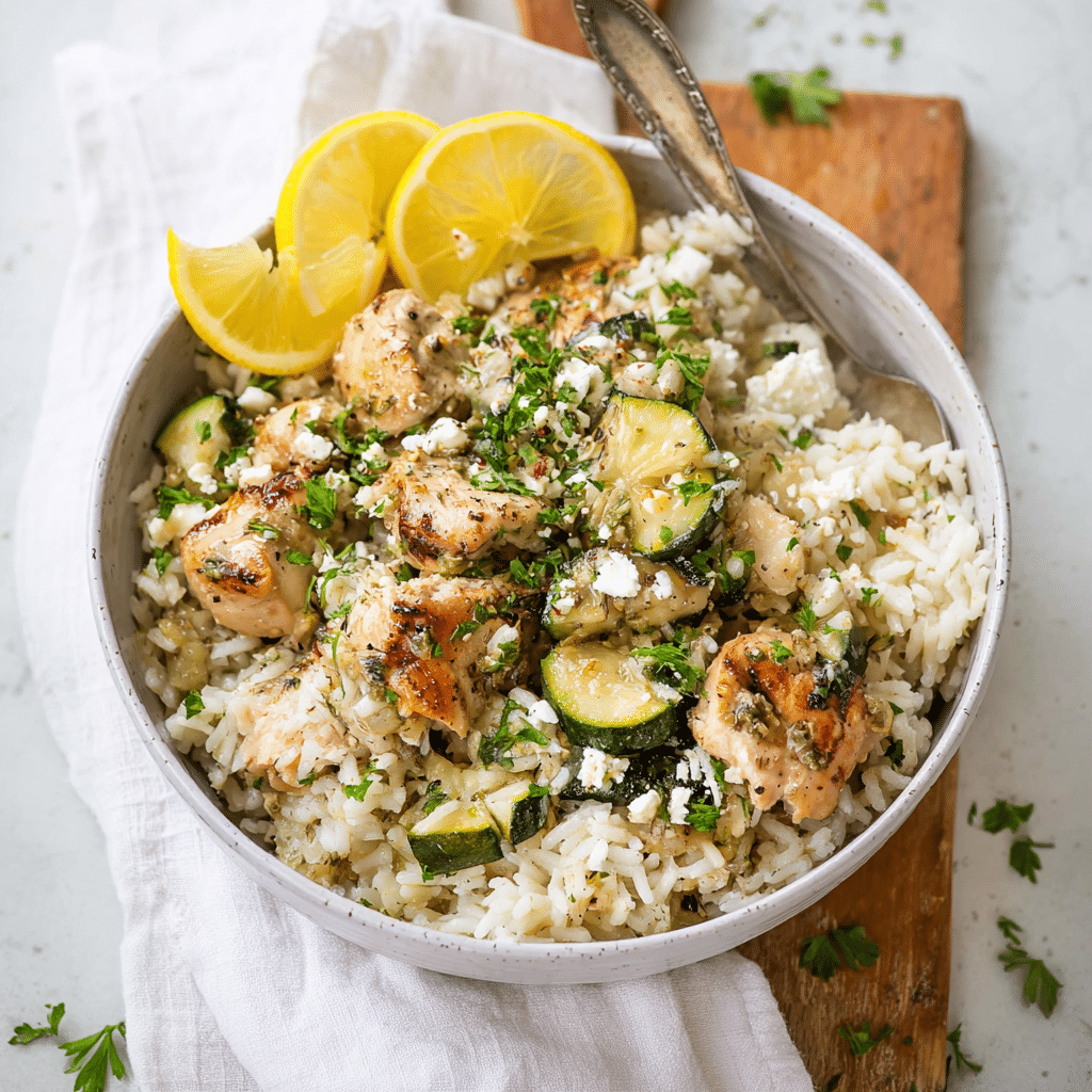 Instant Pot Greek Chicken and Rice: A Flavor-Packed Mediterranean One-Pot Meal 8 Simple serving of Instant Pot Greek Chicken and Rice with lemon and parsley