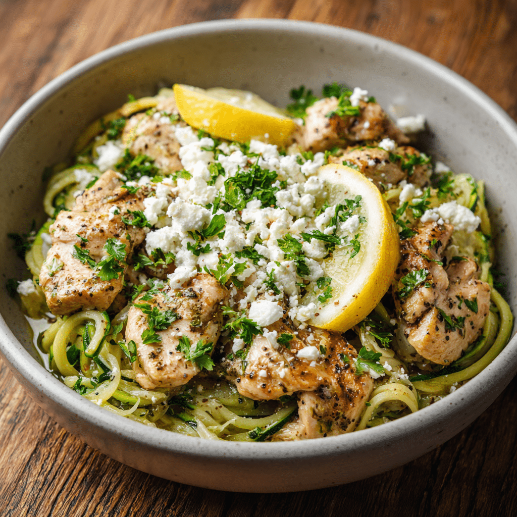 Instant Pot Greek Chicken and Rice: A Flavor-Packed Mediterranean One-Pot Meal 7 Instant Pot Greek chicken served over zucchini noodles with feta and lemon