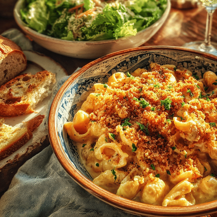 Viral Trader Joe’s Lobster Bisque Pasta 8 Perfect pairings for Viral Trader Joe’s Lobster Bisque Pasta with salad, garlic bread on a dinner table