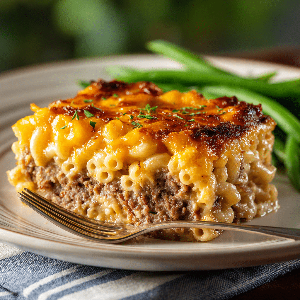 Mac and Cheese Meatloaf Casserole – A Comfort Food Classic Everyone Loves 6 Mac and cheese meatloaf casserole served on a plate