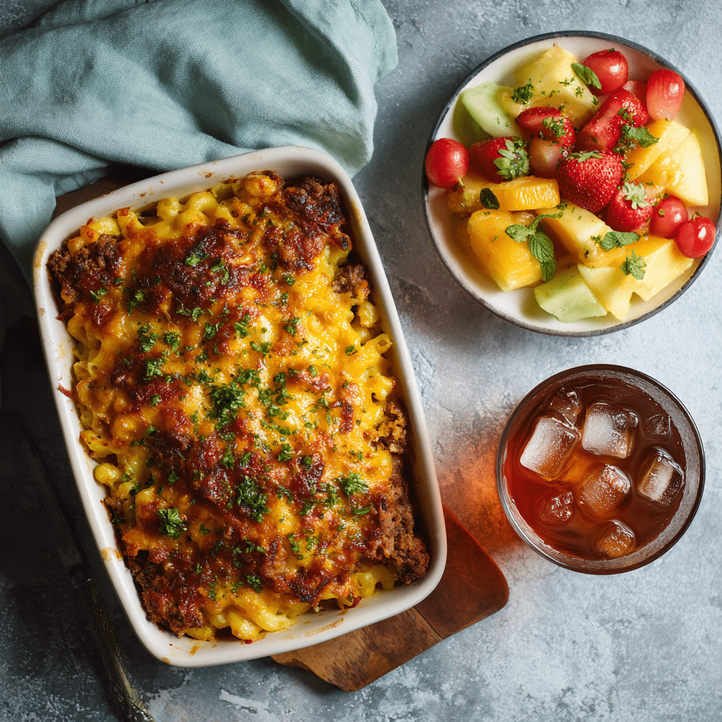 Mac and Cheese Meatloaf Casserole – A Comfort Food Classic Everyone Loves 8 Plate of mac and cheese meatloaf casserole with sides