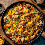 Mango Chicken Fried Rice Recipe: A Sweet & Savory Twist on Classic Fried Rice 5 Mango chicken fried rice in a skillet with fresh mango and scallions