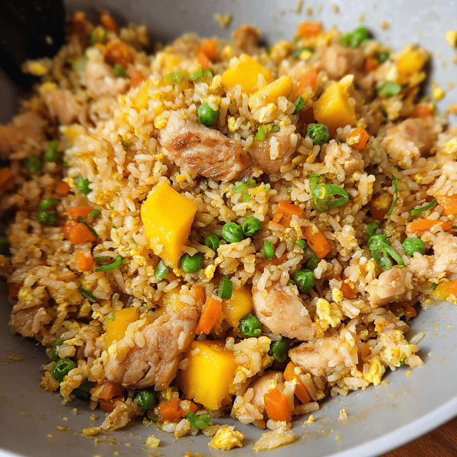 Mango Chicken Fried Rice Recipe: A Sweet & Savory Twist on Classic Fried Rice 7 Mango chicken fried rice in a bowl with fresh mango and scallions