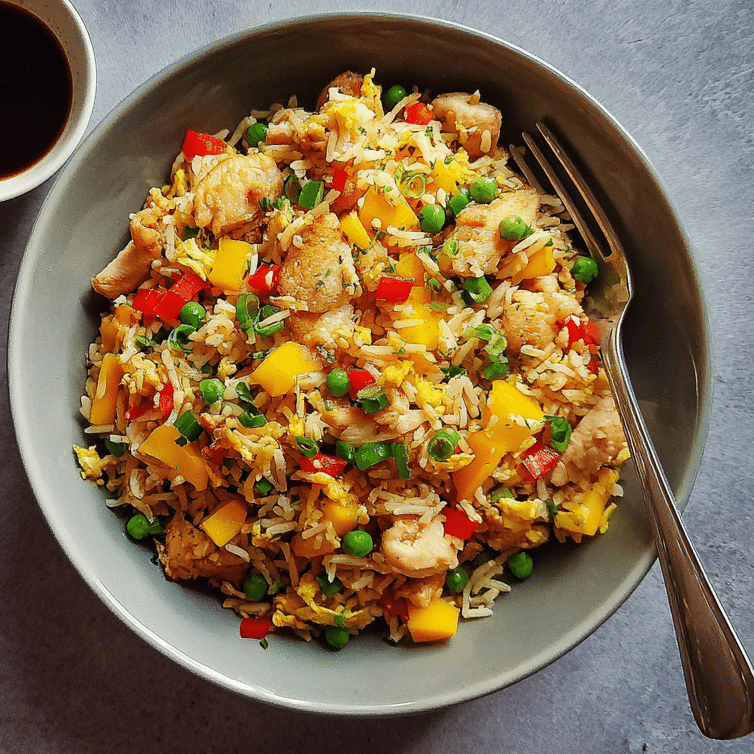 Mango Chicken Fried Rice Recipe: A Sweet & Savory Twist on Classic Fried Rice 8 Healthy serving of mango chicken fried rice in bowl