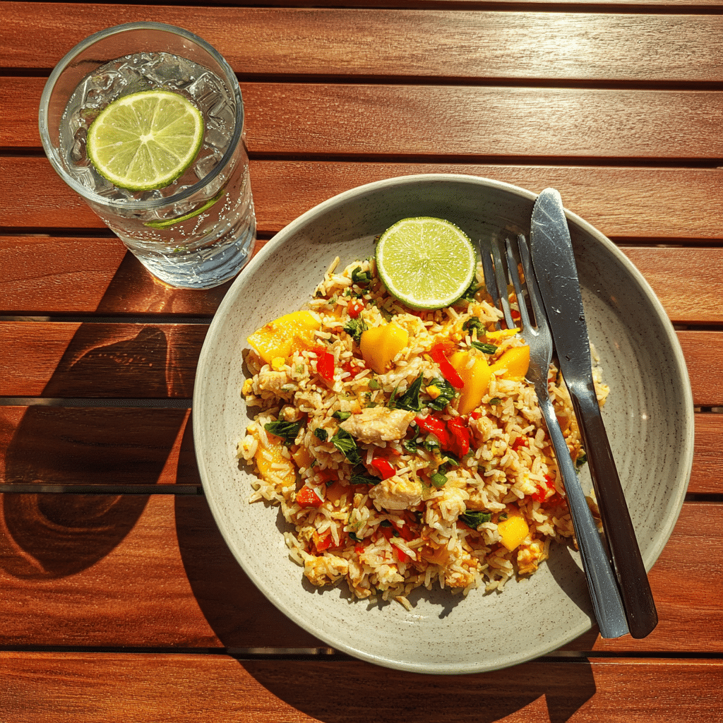 Mango Chicken Fried Rice Recipe: A Sweet & Savory Twist on Classic Fried Rice 6 Mango chicken fried rice with a glass of Lime Sparkling Water