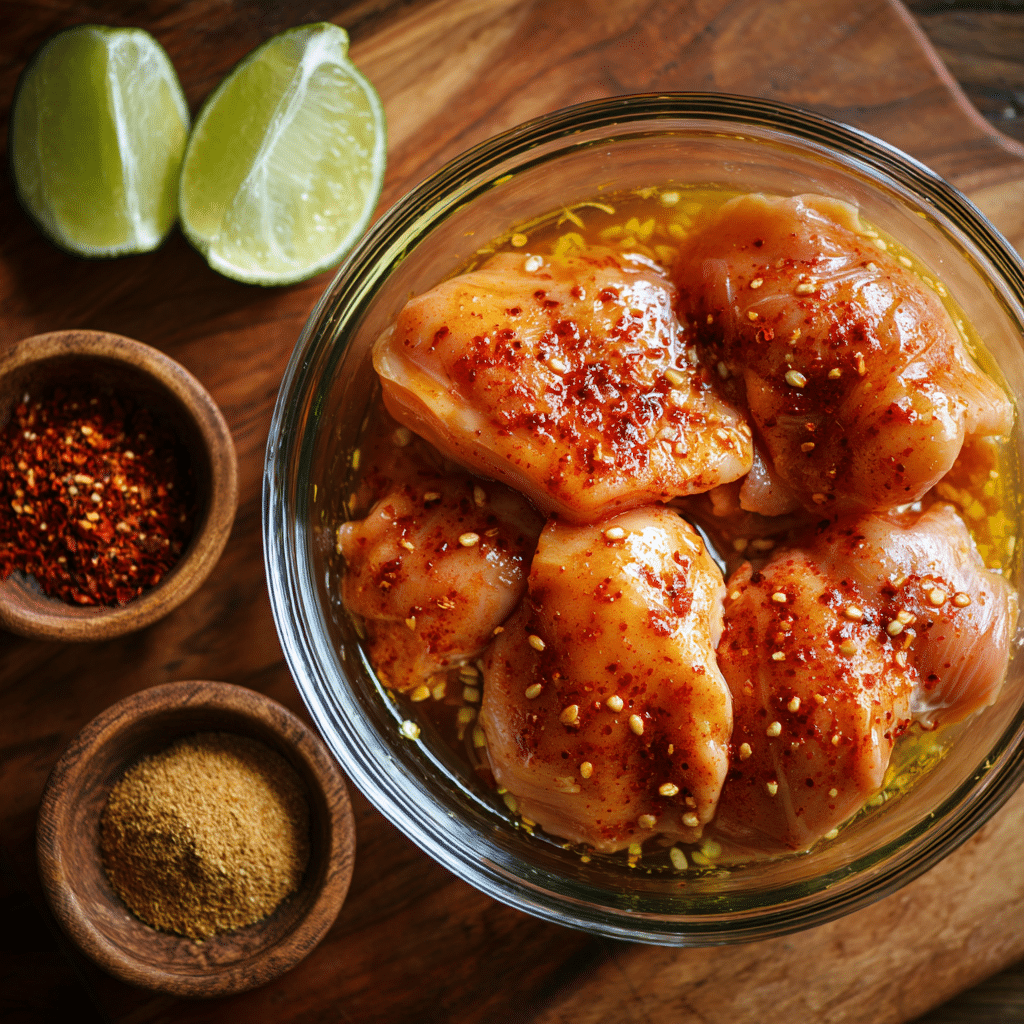 Street Corn Chicken Rice Bowl: A Flavor-Packed Bowl for Every Occasion 6 Chicken thighs marinating in lime juice, chili powder, cumin, and garlic in a glass bowl