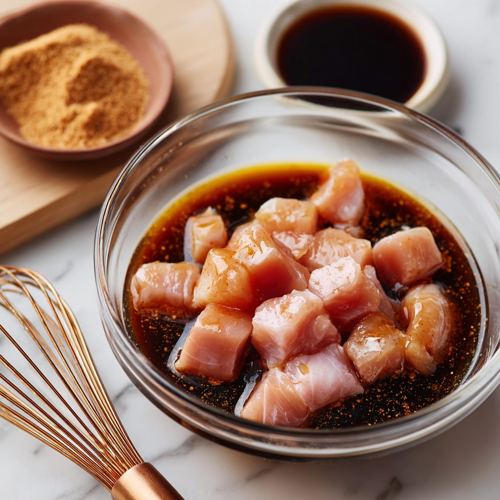 Cubed chicken marinating in soy sauce mixture for mango chicken fried rice