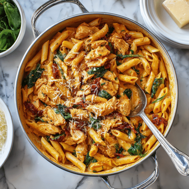 Creamy Marry Me Chicken Pasta in white bowl with sun-dried tomatoes