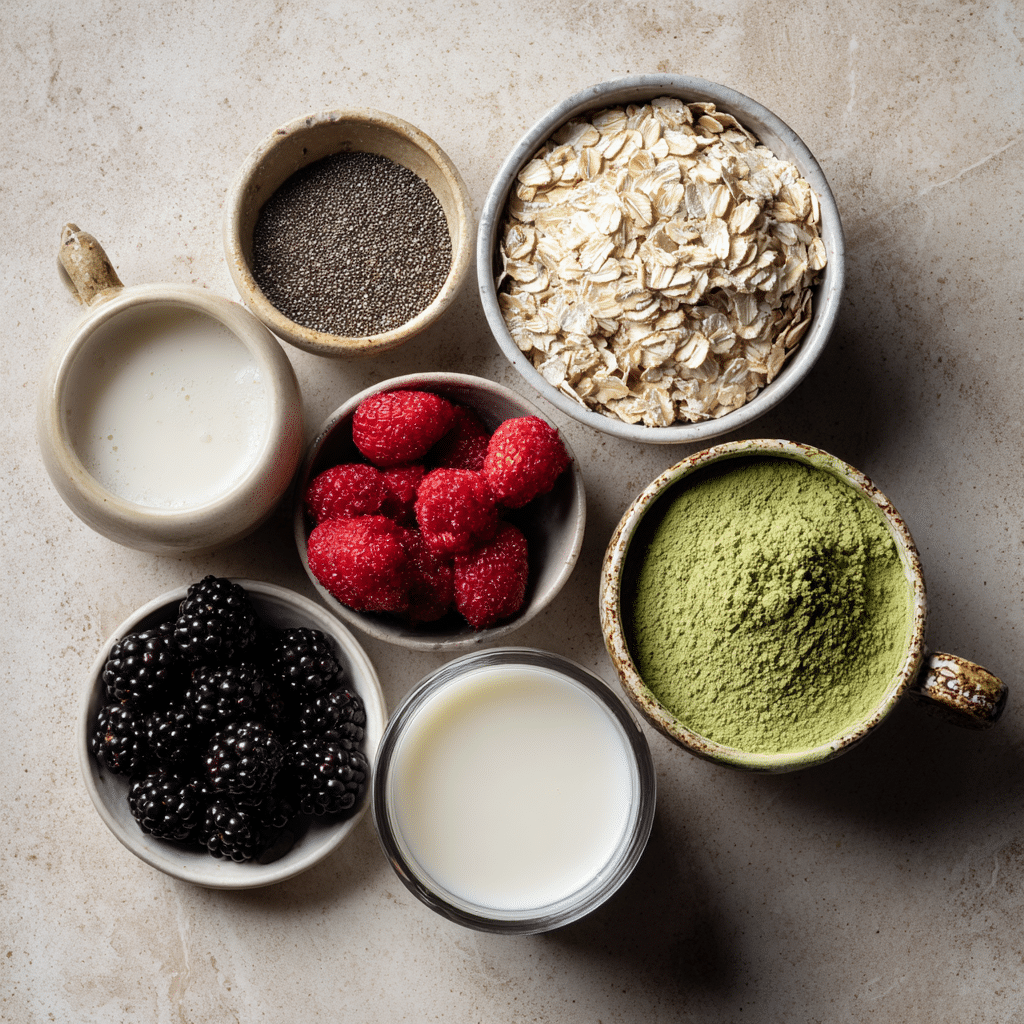 Matcha Overnight Oats – A Delicious, Nutritious Breakfast You’ll Crave Daily 5 Ingredients for matcha overnight oats on counter