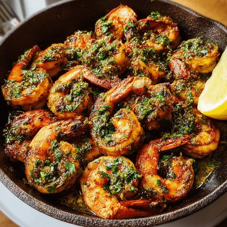 One-Pan Chimichurri Shrimp served in a skillet with fresh herbs