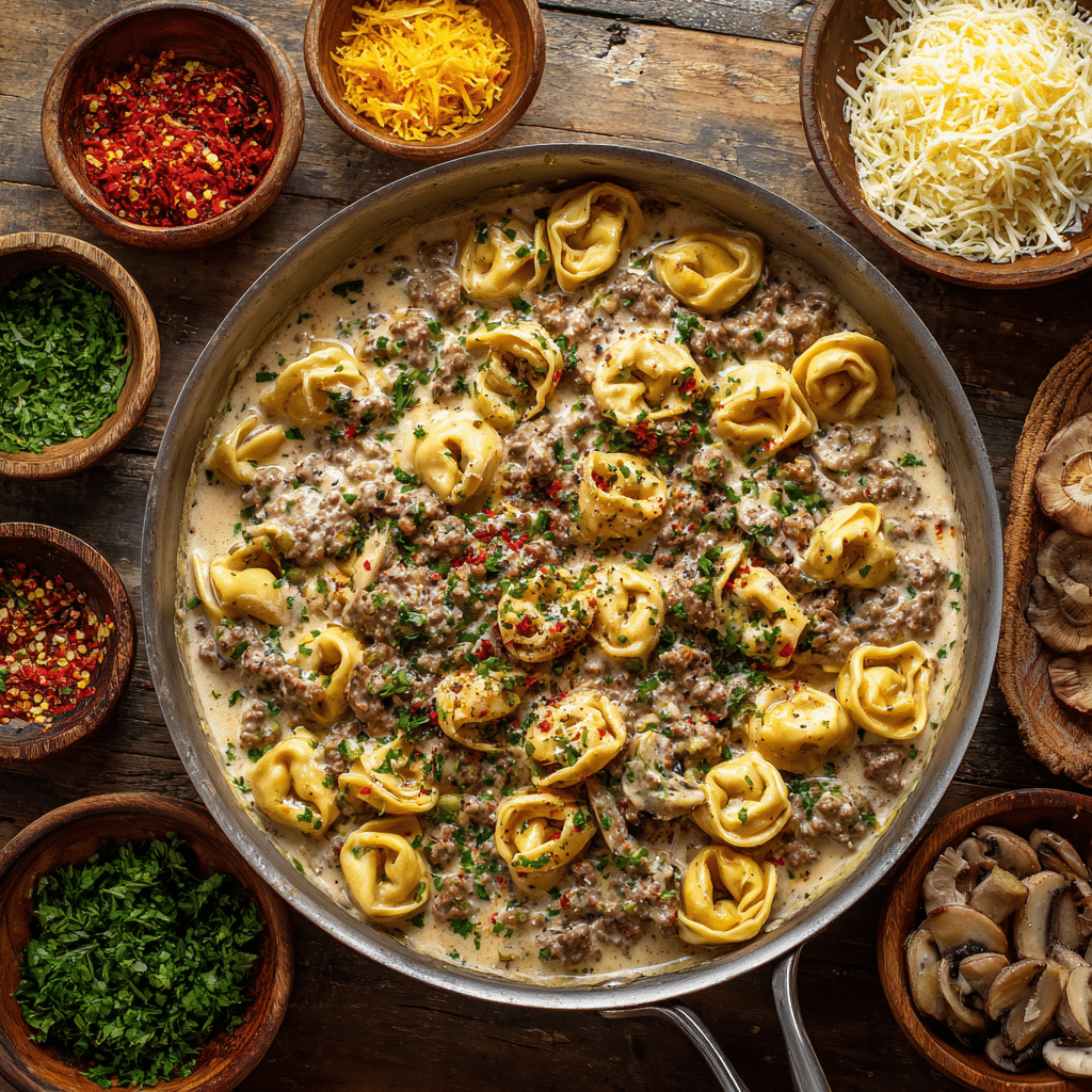 One-Skillet Beef Stroganoff Tortellini: A Creamy, Easy Weeknight Dinner 5 one-skillet beef stroganoff tortellini with garnishes and optional add-ins