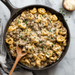 One-Skillet Beef Stroganoff Tortellini: A Creamy, Easy Weeknight Dinner 6 creamy one-skillet beef stroganoff tortellini in a cast iron skillet