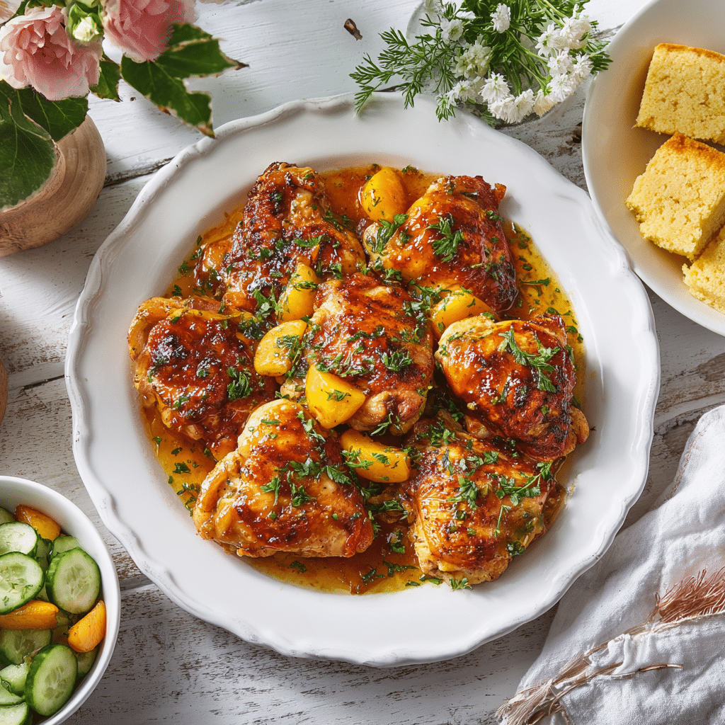 One-Skillet Peach Chicken: A Sweet & Savory Weeknight Winner 8 Peach chicken with Southern sides