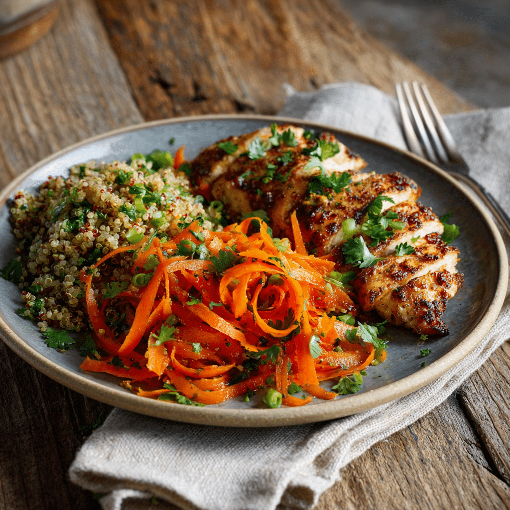 Raw Carrot Salad – The Viral Crunchy Side Dish You’ll Crave Daily 7 meal plate with raw carrot salad, grilled chicken, and quinoa