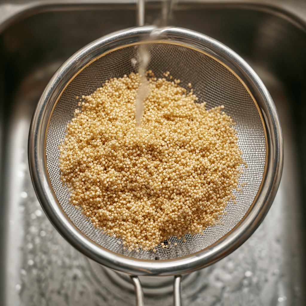 How to Make Perfect Instant Pot Quinoa Every Time 5 Rinsing quinoa in strainer before Instant Pot cooking
