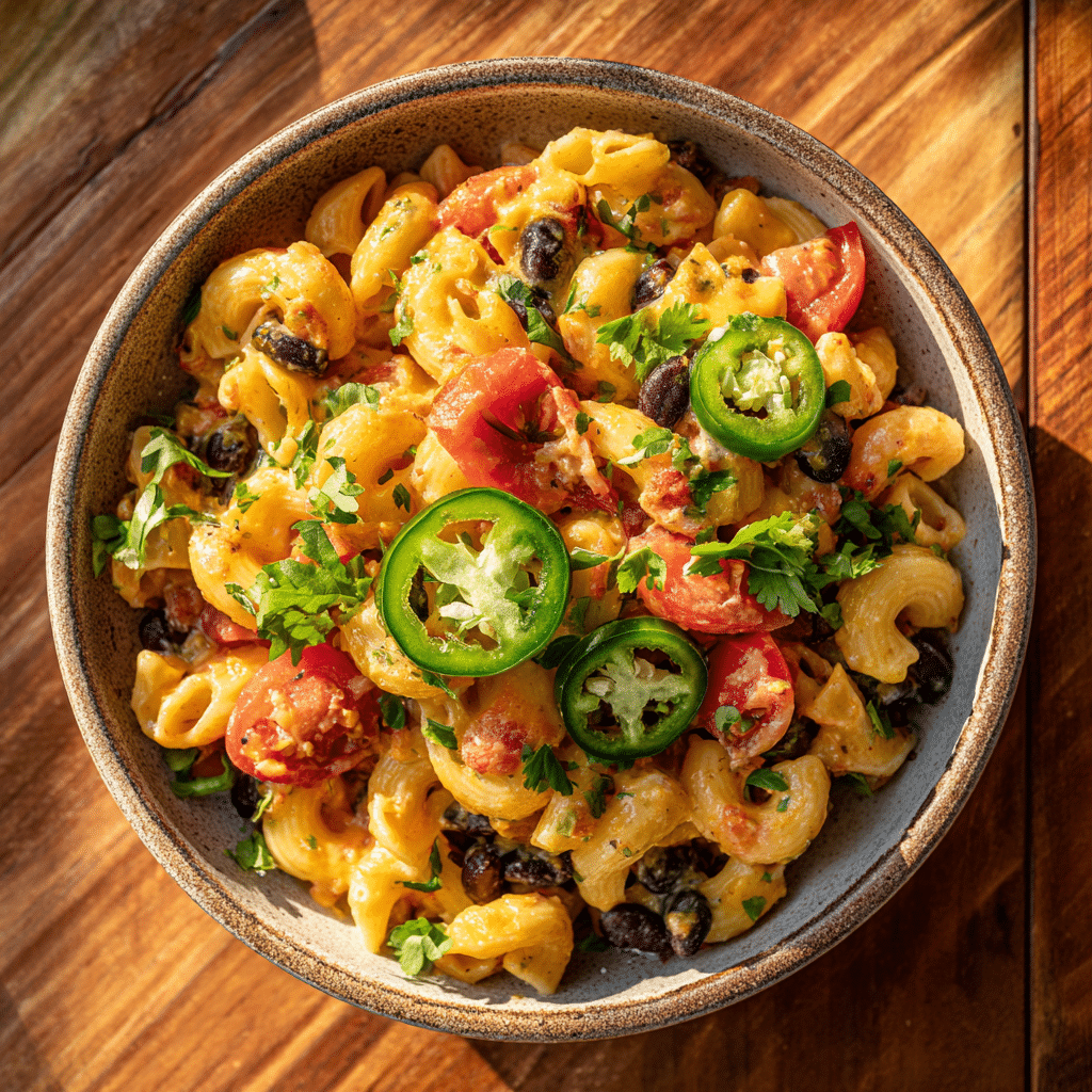 Rotel Pasta Fiesta: A Bold and Creamy Tex-Mex Twist for Pasta Lovers 8 Overhead view of Rotel Pasta Fiesta with black beans served in a ceramic bowl
