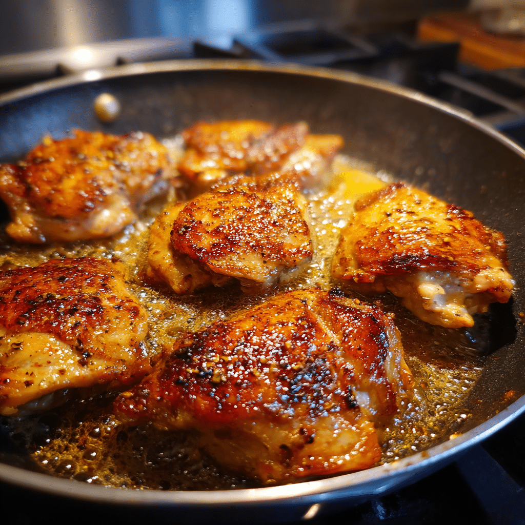 One-Skillet Peach Chicken: A Sweet & Savory Weeknight Winner 7 Chicken thighs searing in hot skillet