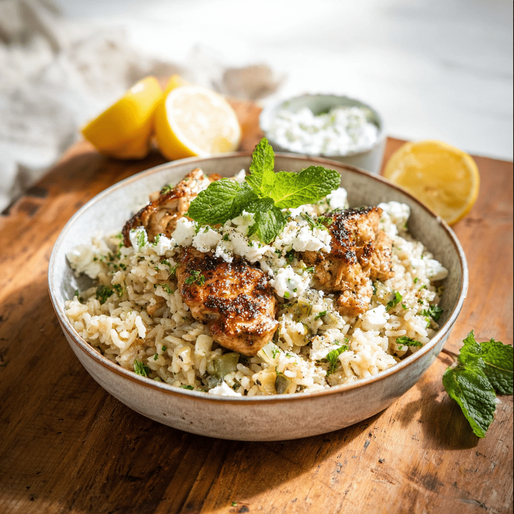 Instant Pot Greek Chicken and Rice: A Flavor-Packed Mediterranean One-Pot Meal 6 Plated Instant Pot Greek Chicken and Rice with lemon and tzatziki
