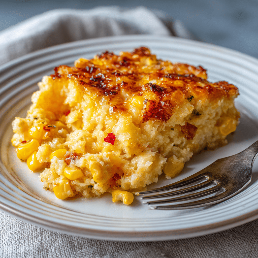 The Best Skillet Corn Casserole Recipe You’ll Ever Make 5 served portion of skillet corn casserole recipe on ceramic dish with melted cheese