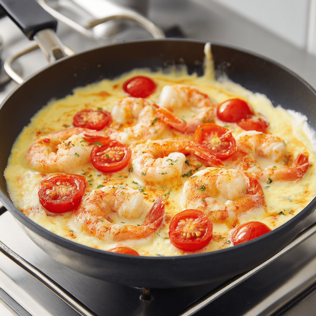 Viral Trader Joe’s Lobster Bisque Pasta 7 Shrimp simmering in creamy lobster bisque sauce in a non-stick skillet for viral Trader Joe’s Lobster Bisque Pasta