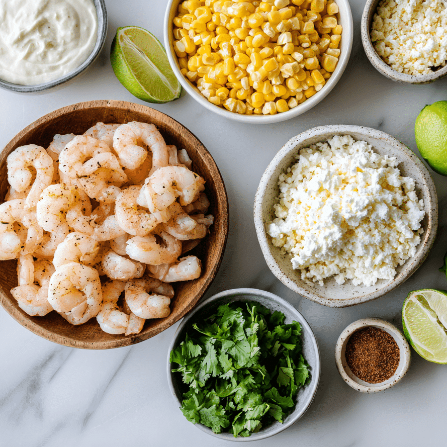 Shrimp Street Corn Skillet Recipe That Everyone Will Crave This Summer 5 Ingredients for shrimp street corn skillet including corn, cotija, crema, and lime