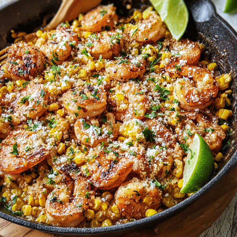 Shrimp Street Corn Skillet in cast iron pan with lime and cheese