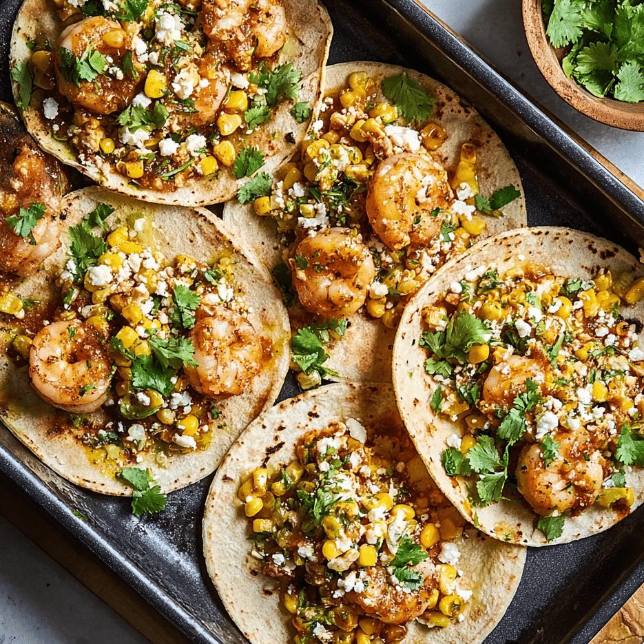 Shrimp Street Corn Skillet Recipe That Everyone Will Crave This Summer 8 Tortillas topped with shrimp and street corn garnished with cotija