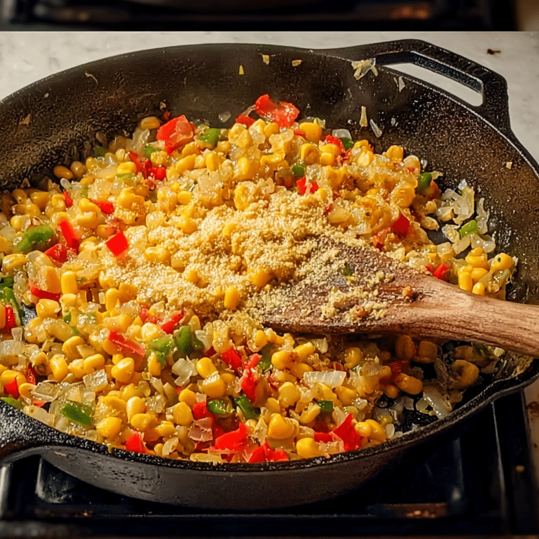 The Best Skillet Corn Casserole Recipe You’ll Ever Make 7 sautéing vegetables for skillet corn casserole in a cast iron skillet