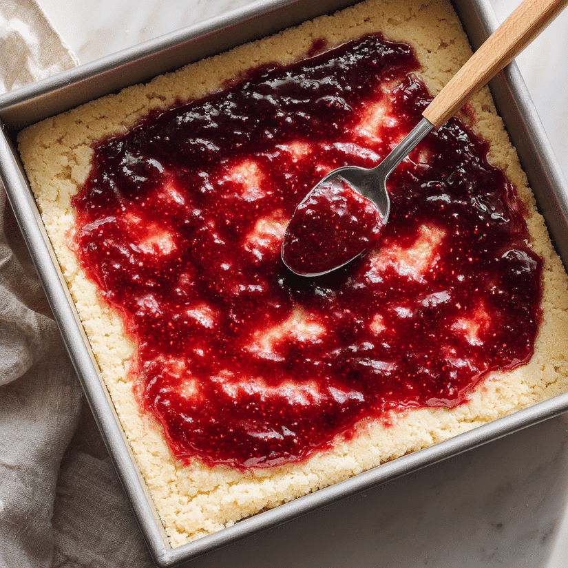 Chocolate Raspberry Bars – The Best Gooey Treat You’ll Ever Bake 6 Spreading jam for chocolate raspberry bars